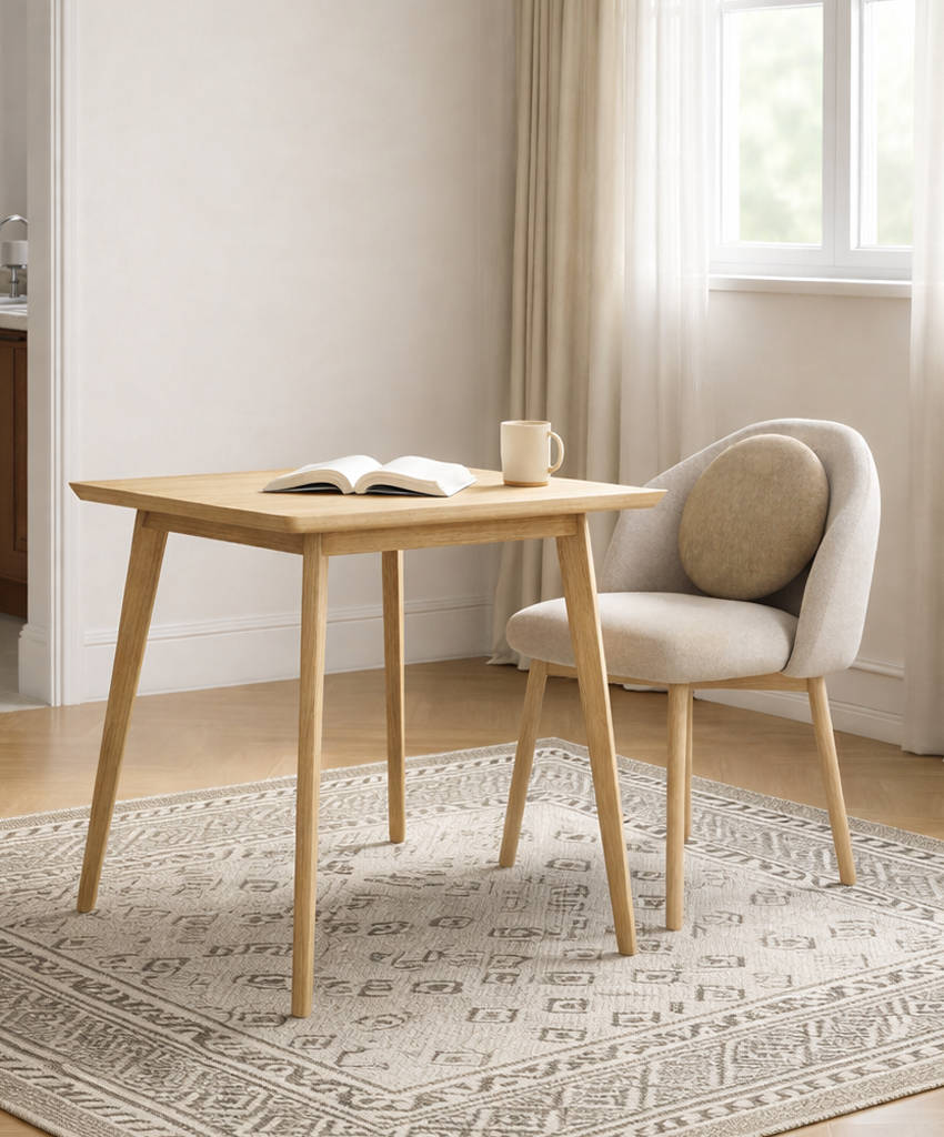 Wooden dining table with an open book and a mug, accompanied by a chair in a room with a window and curtains.