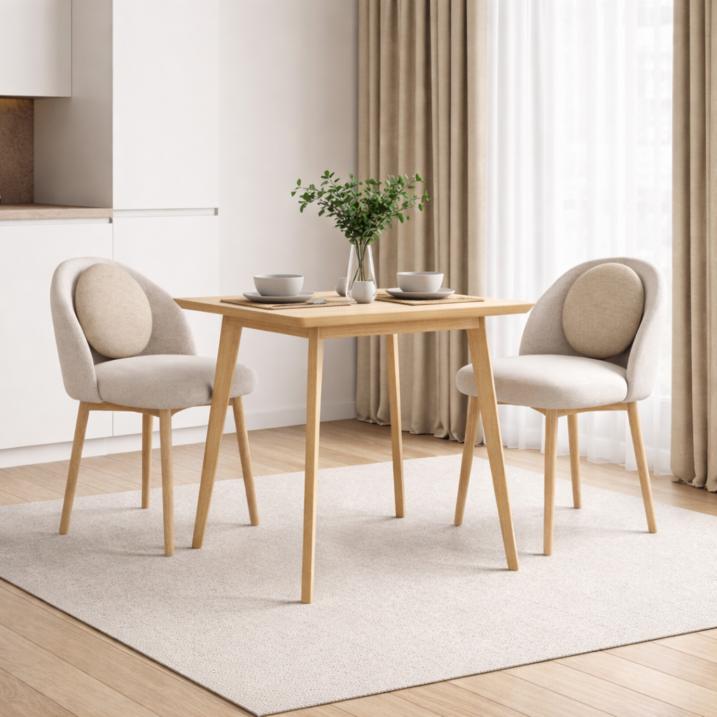 Dining table with two chairs in a bright room with curtains