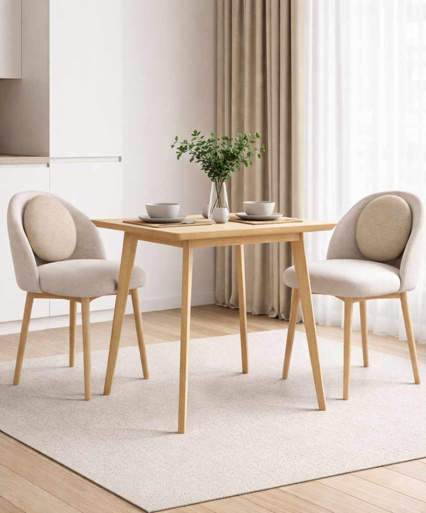 Dining area with a wooden table and beige chairs in a bright room.