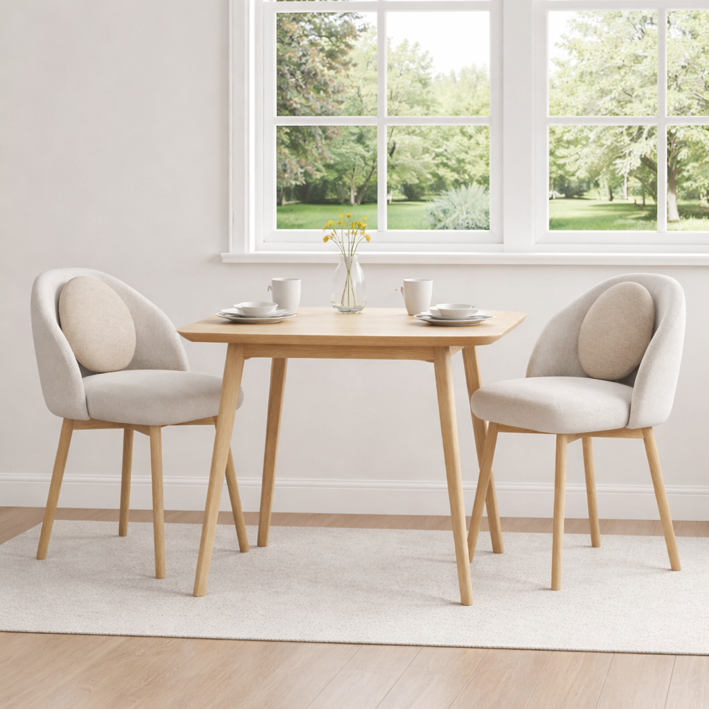 Dining table with two chairs in a bright room with large windows.