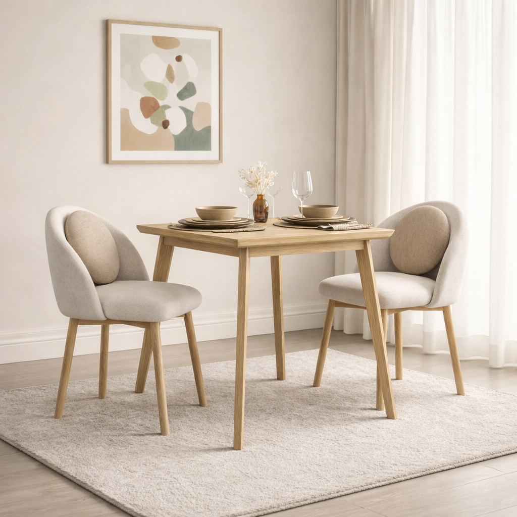 Dining room with wooden table and chairs, and abstract art on the wall.
