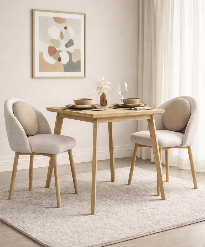 Dining room with a wooden table and chairs, featuring a abstract art piece on the wall.