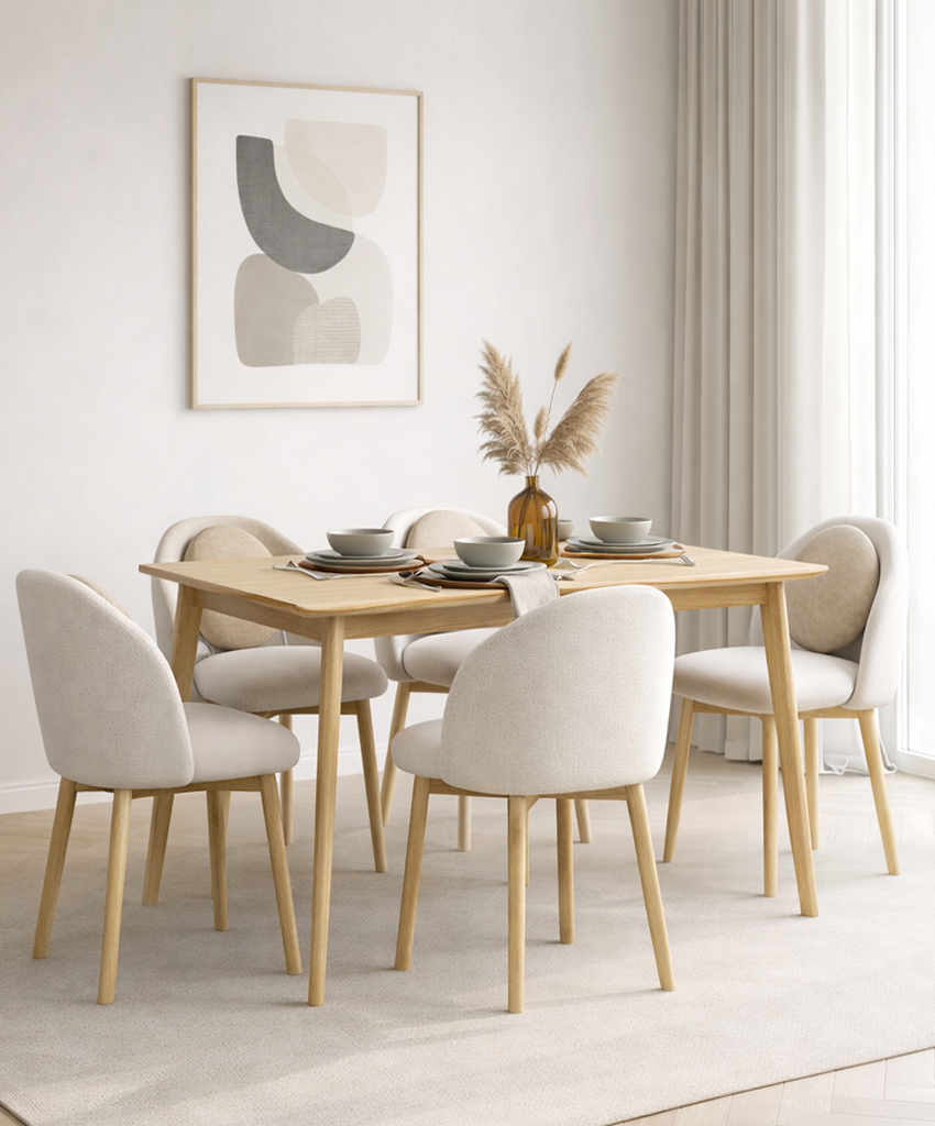 Dining room with wooden table and white chairs, abstract art on the wall.