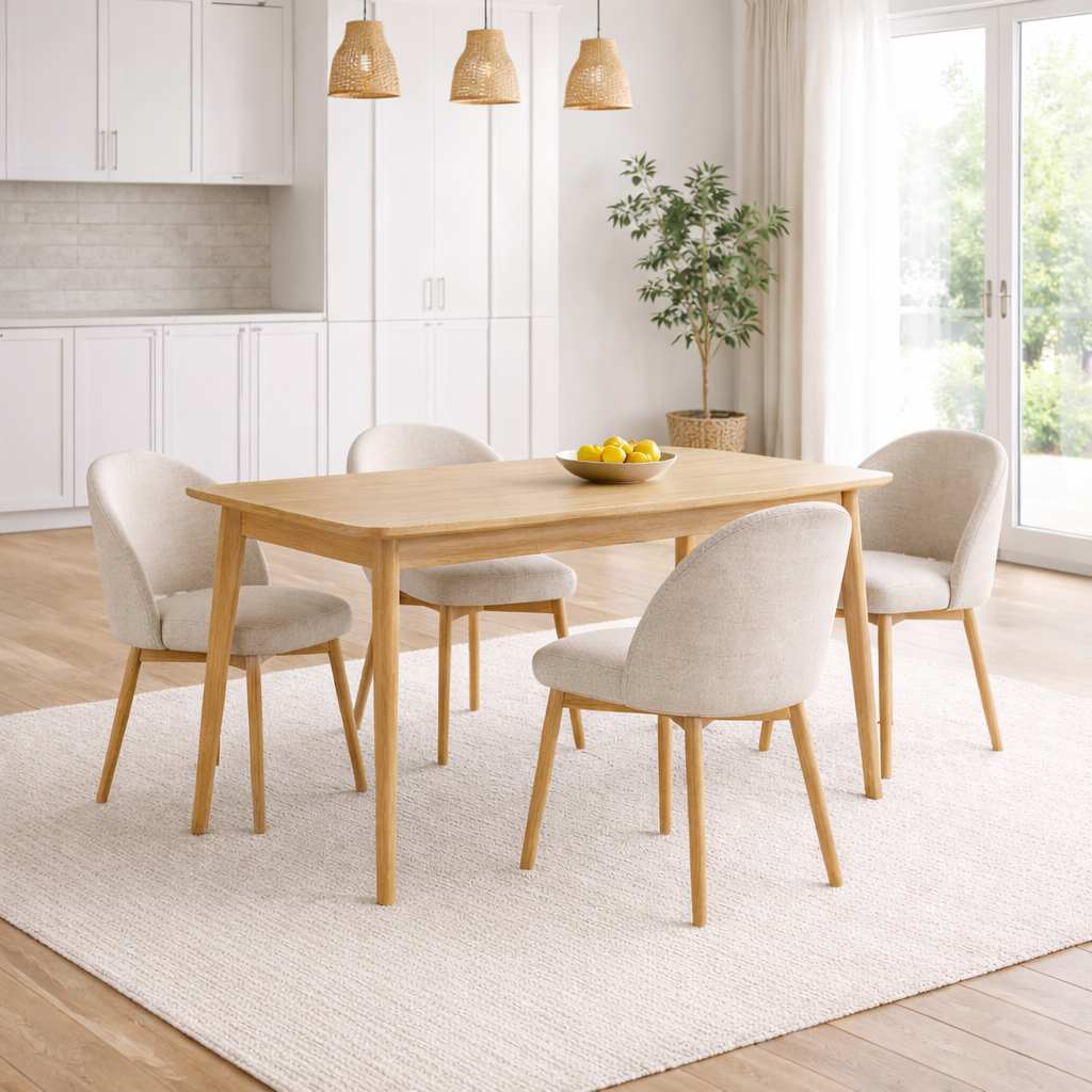 Dining room with wooden table and chairs on a white rug