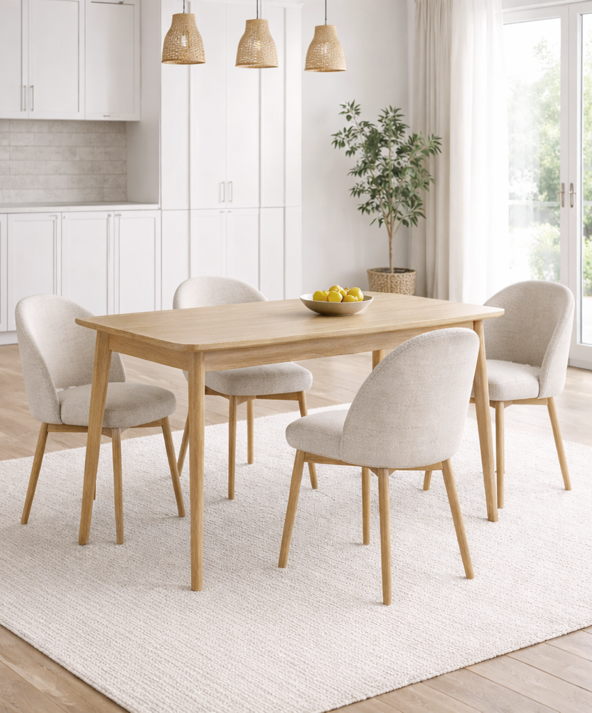 Dining area with wooden table and 4 chairs in a bright room