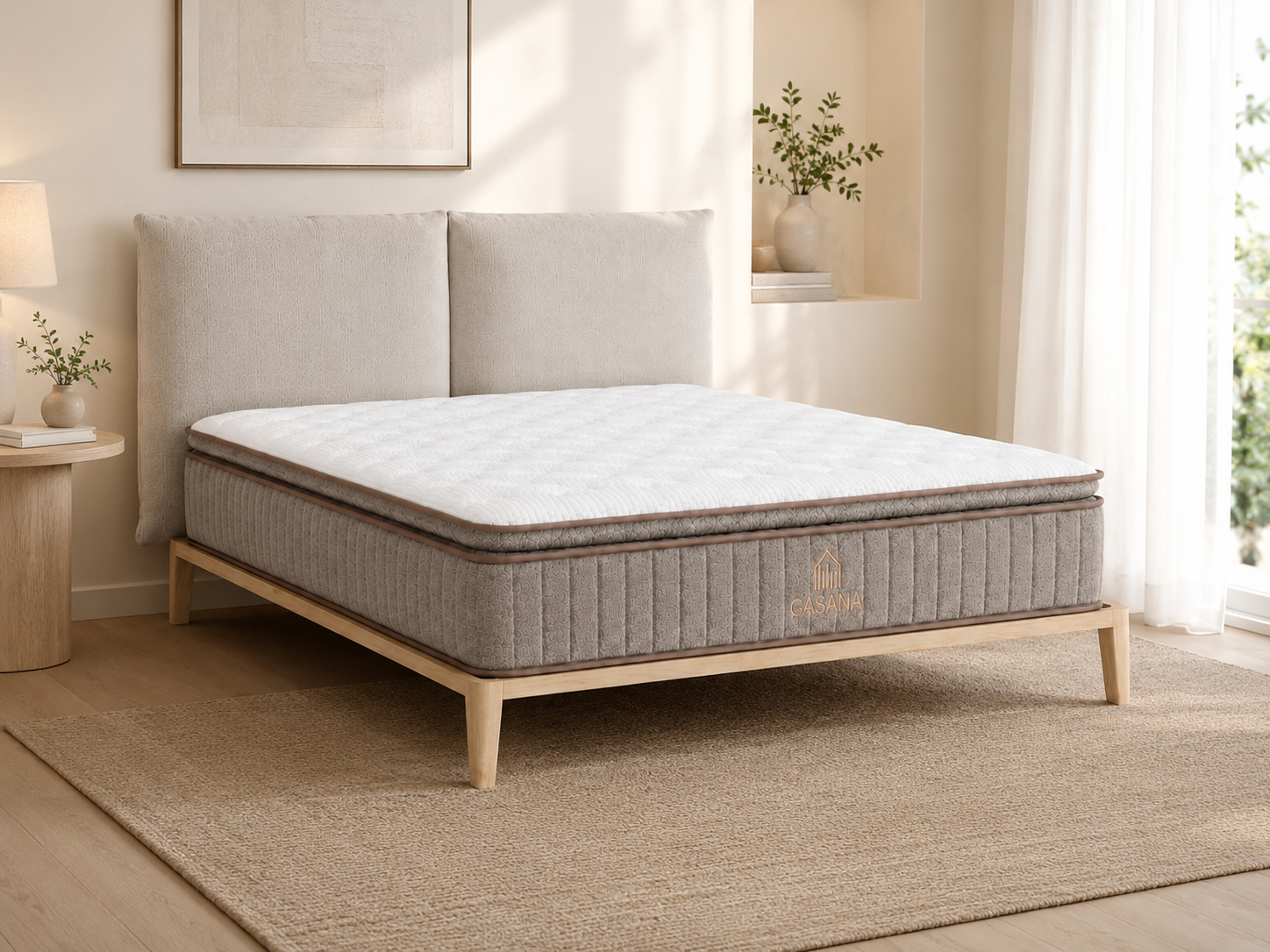 A mattress on a light wood bed frame in a bright, modern bedroom setting with a beige upholstered headboard, rug, and window with sheer curtains.