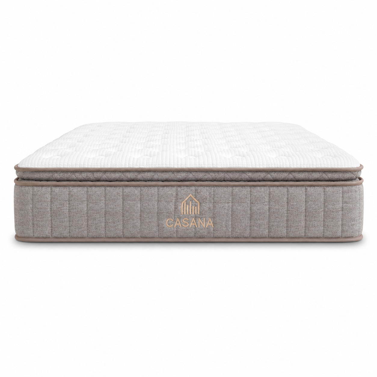 A Casana brand mattress shown from a side profile view against a solid white background. The mattress features a white quilted top surface and a textured gray side bolster with the brand name 'CASANA' printed in gold.