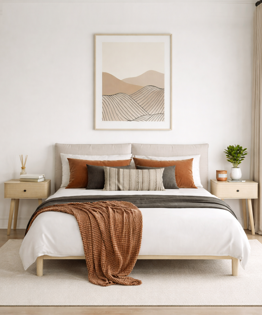 Neatly made bed with decorative pillows and a blanket in a bedroom setting.
