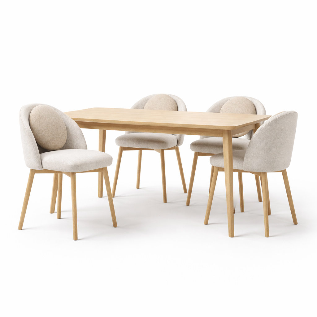 Dining table with four matching chairs on a white background