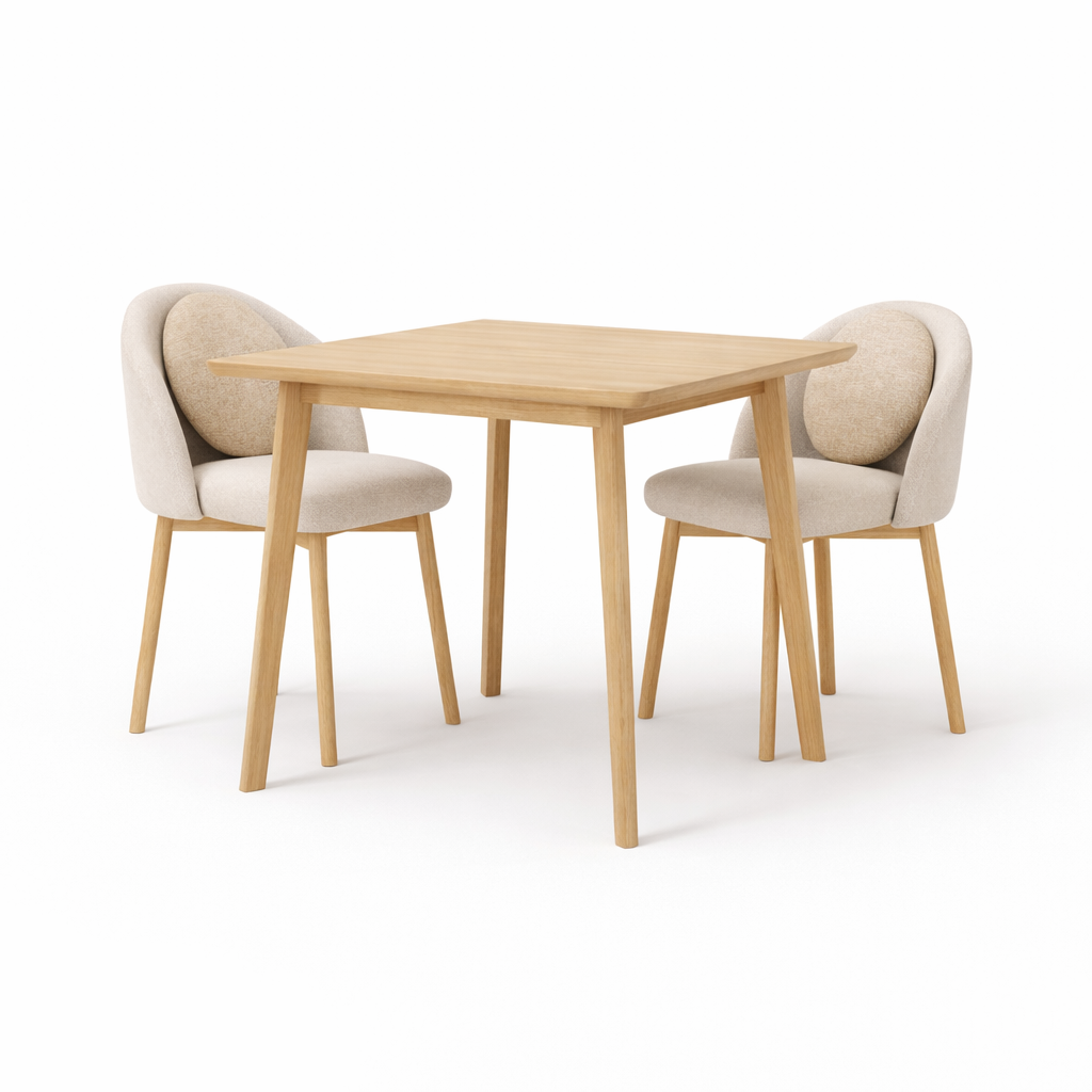 Dining table with two chairs on a white background