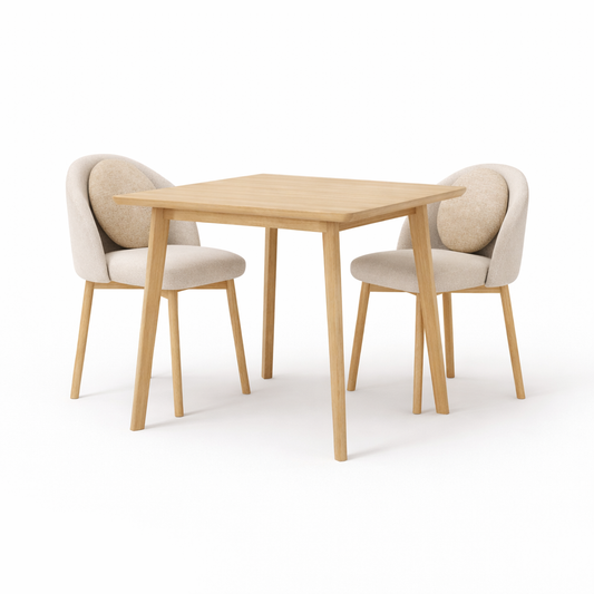 Dining table with two chairs on a white background