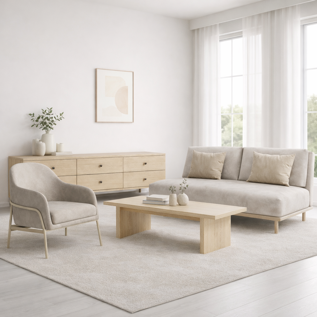 Light oak and beige living room furniture set with a sofa, armchair, coffee table and TV unit.
