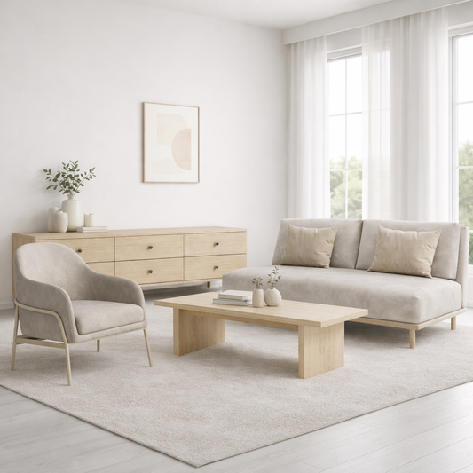 Light oak and beige living room furniture set with a sofa, armchair, coffee table and TV unit.
