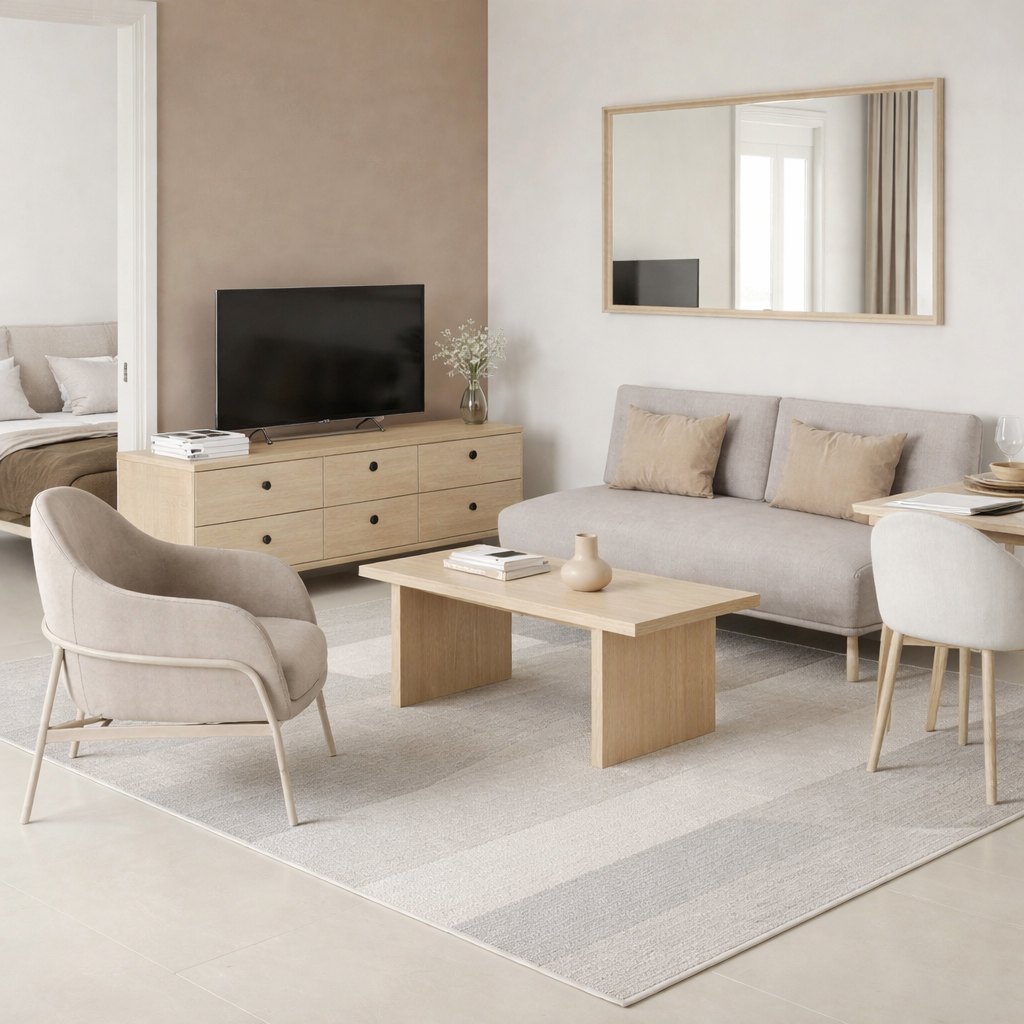 Modern living room with beige sofa, wooden coffee table, and neutral decor.