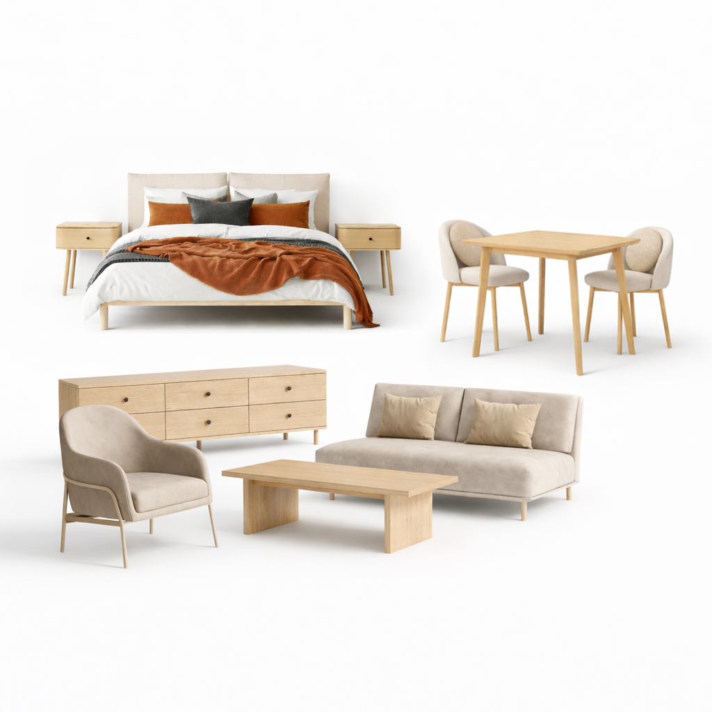 White background image showing furniture package contents of a bed/nightstands, dining table and 2 chairs, sofa, armchair, coffee table and tv unit. 