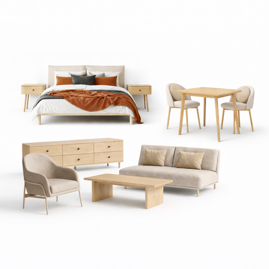 White background image showing furniture package contents of a bed/nightstands, dining table and 2 chairs, sofa, armchair, coffee table and tv unit. 