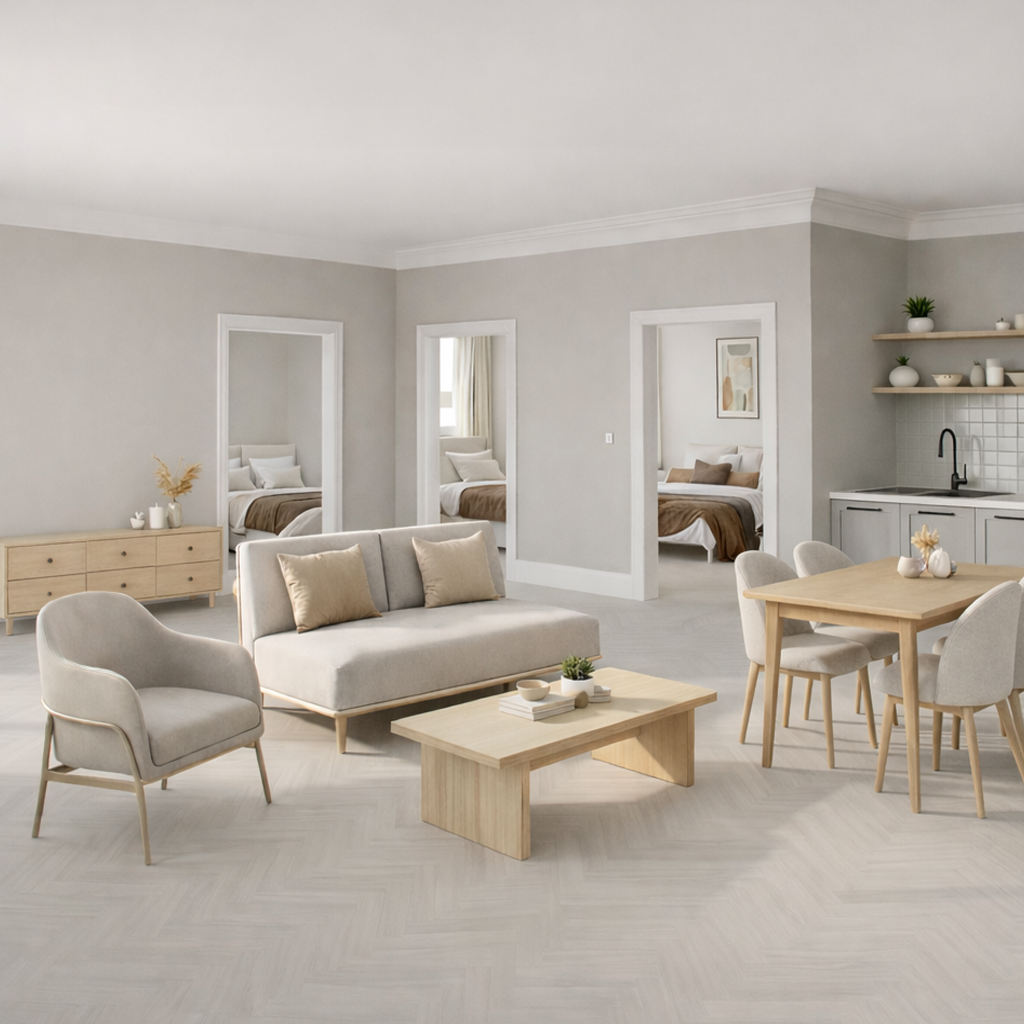 Modern open plan 3 bedroom apartment in neutral tones featuring a living, dining and bedroom furniture.
