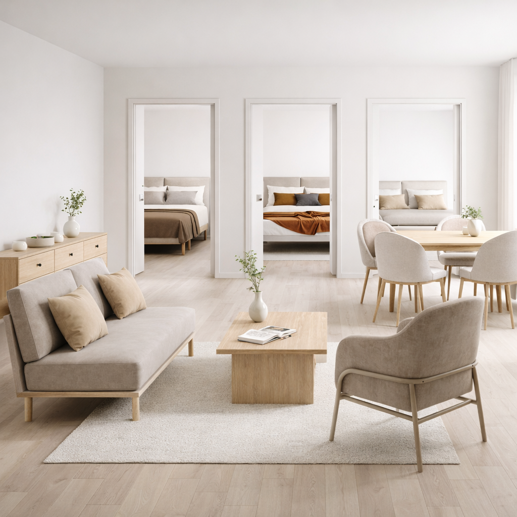 Modern open plan 3 bedroom apartment in neutral tones featuring a living, dining and bedroom furniture.