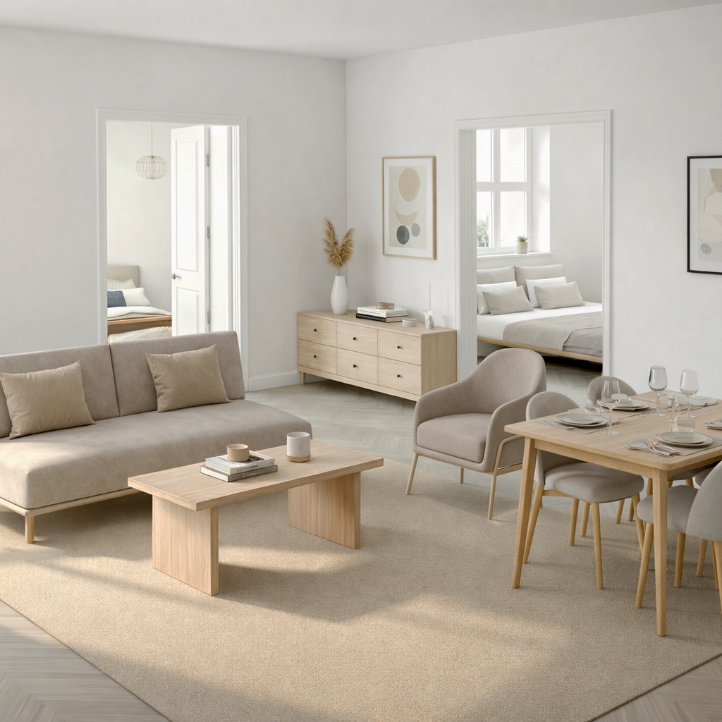 Modern open plan 2 bedroom apartment in neutral tones featuring a living, dining and bedroom furniture.