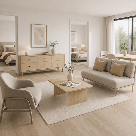 Modern open plan 2 bedroom apartment in neutral tones featuring a living, dining and bedroom furniture.