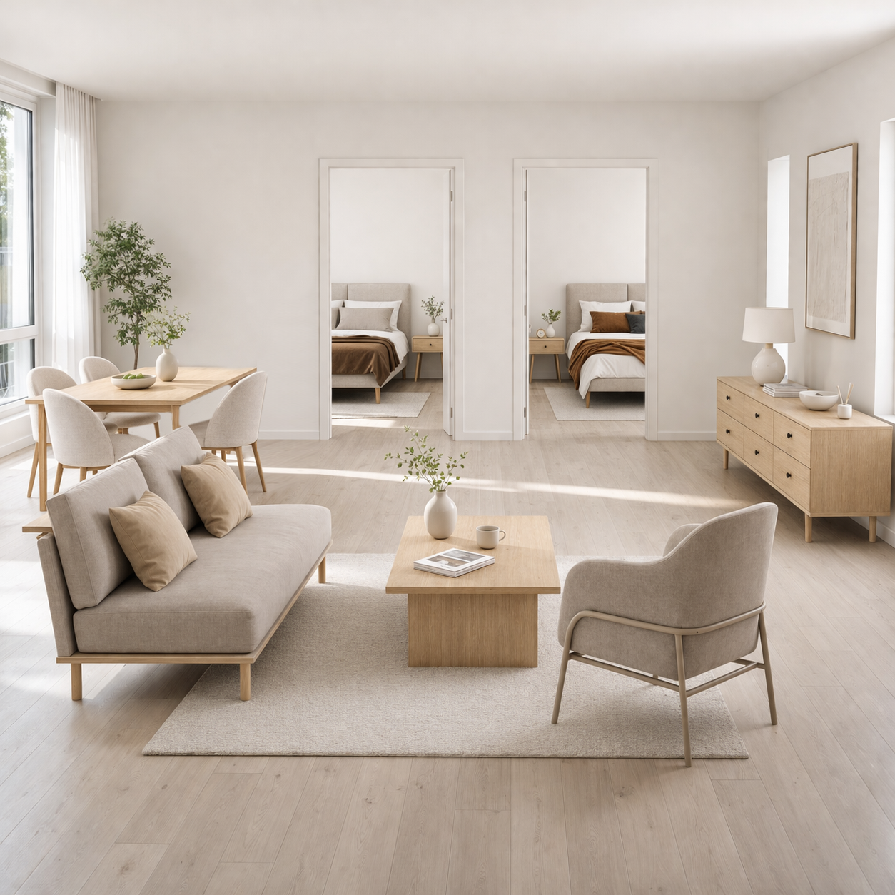 Modern open plan 2 bedroom apartment in neutral tones featuring a living, dining and bedroom furniture.