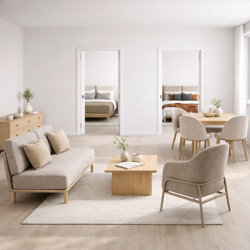 Modern open plan 2 bedroom apartment in neutral tones featuring a living, dining and bedroom furniture.