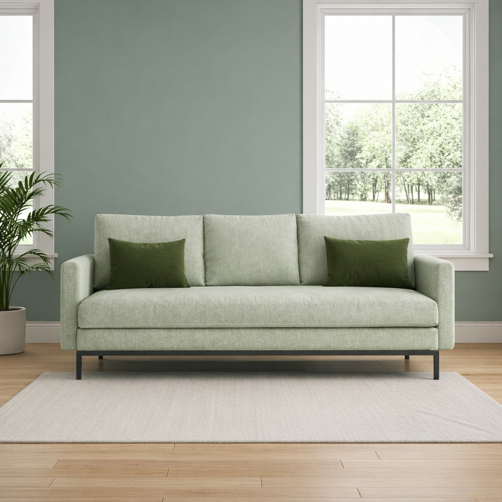Light green sofa with green cushions in a room with large windows and a plant.