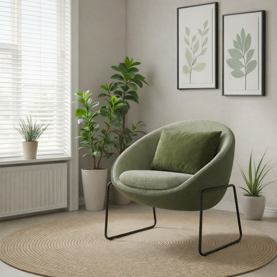 Green armchair with a pillow in a room with plants and framed artwork on the wall.