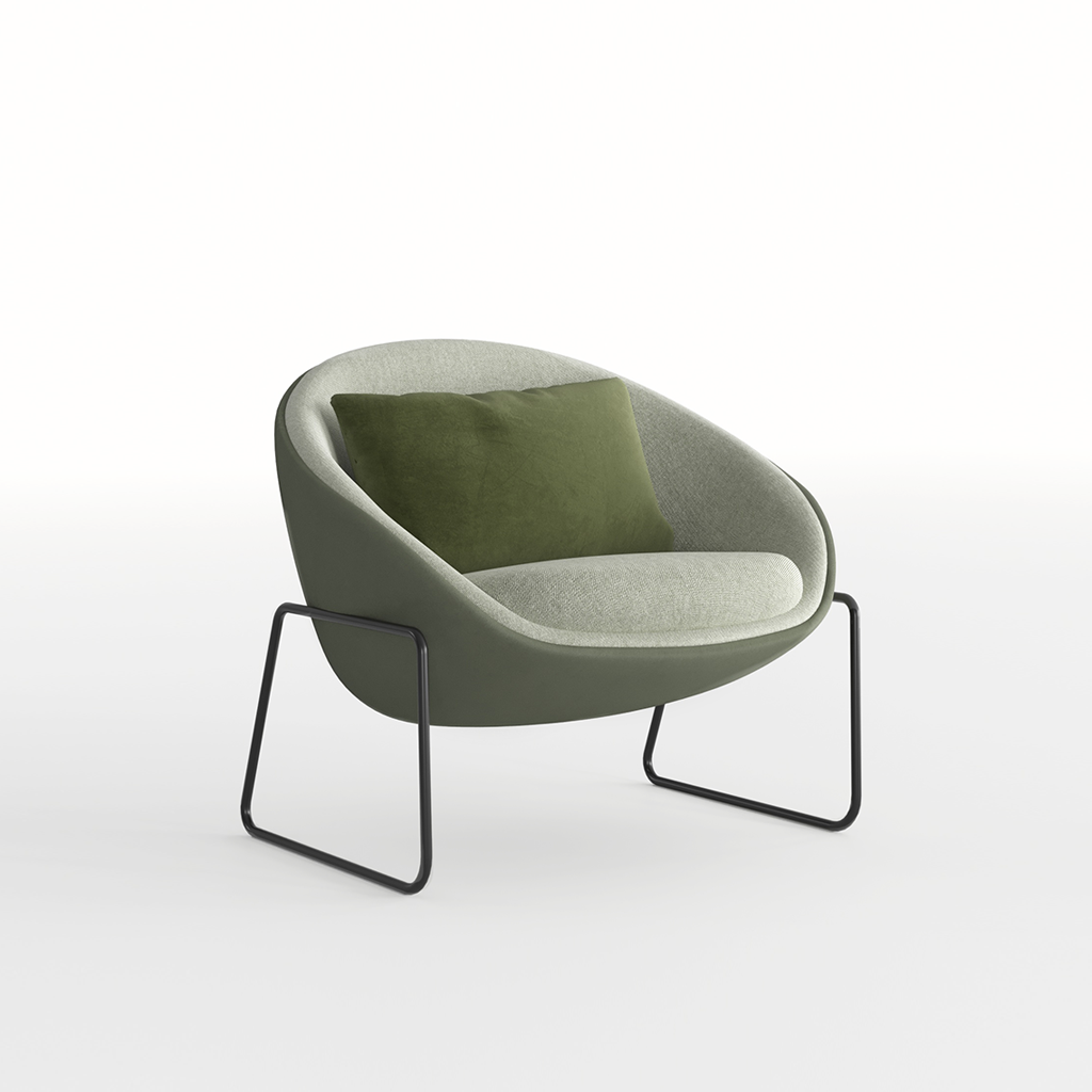 Modern green armchair with a black metal frame on a white background