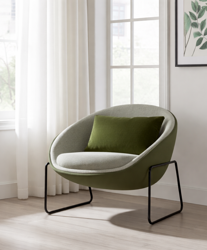 Green armchair with a pillow in a room with large windows and white curtains.