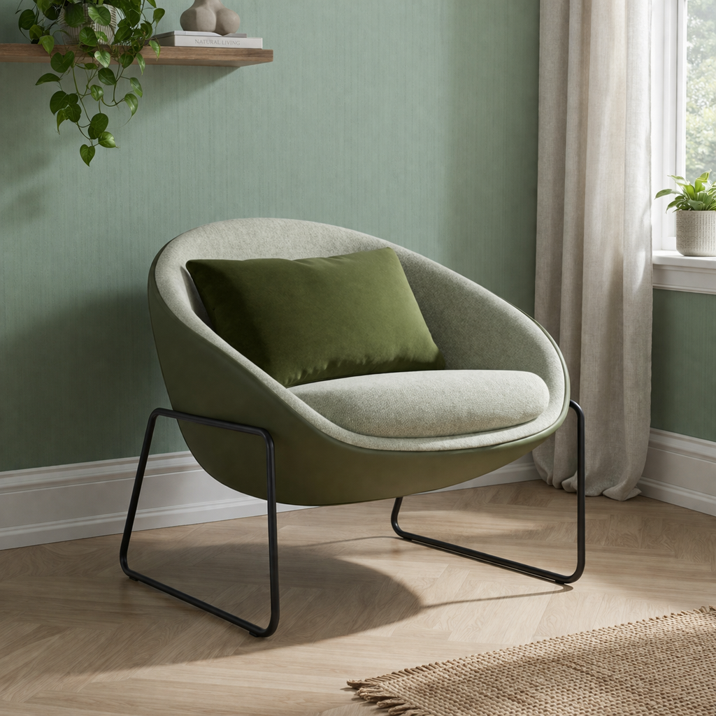 Modern green armchair with a cushion in a room with a green wall and window.