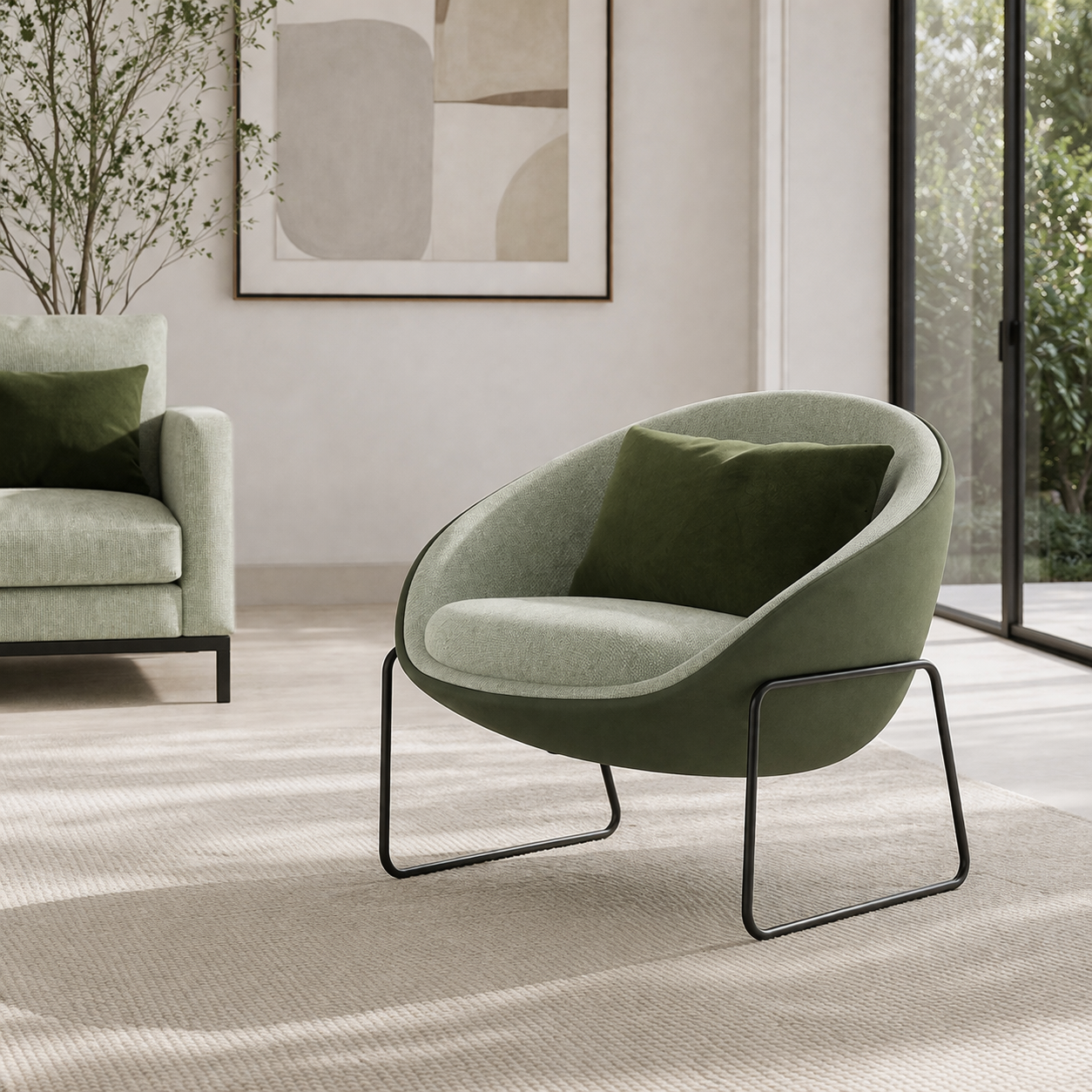 Modern green armchair with black metal legs in a living room setting.