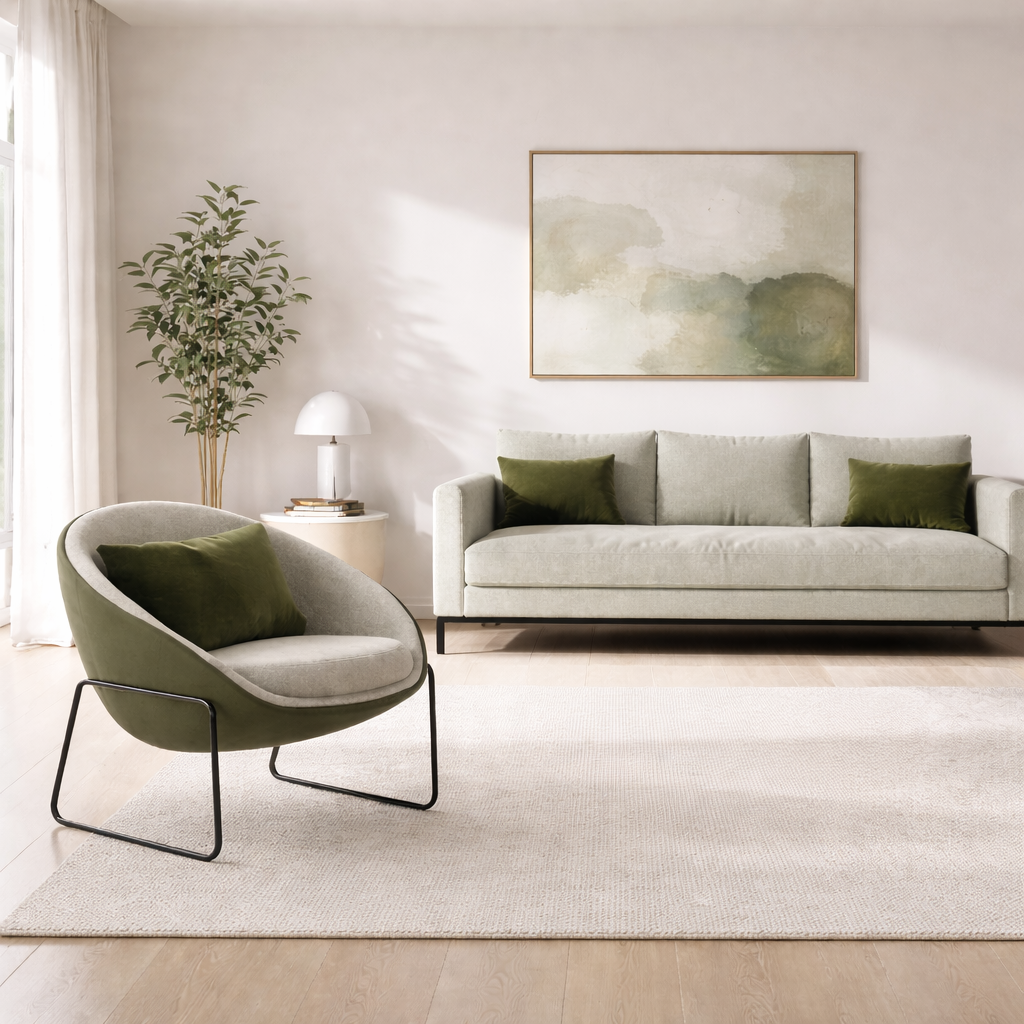 Modern living room with a green sofa, green armchair, and abstract painting.