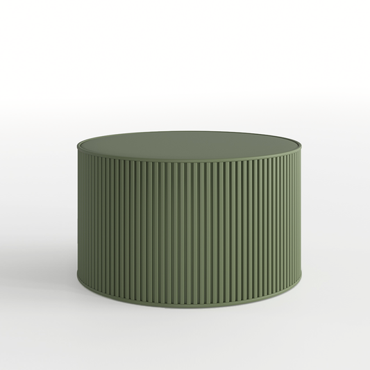 Green round coffee table with ribbed texture on a white background