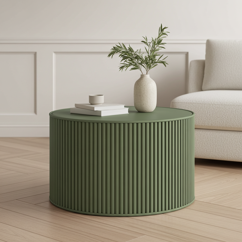 Green coffee table with a vase and books in a living room setting
