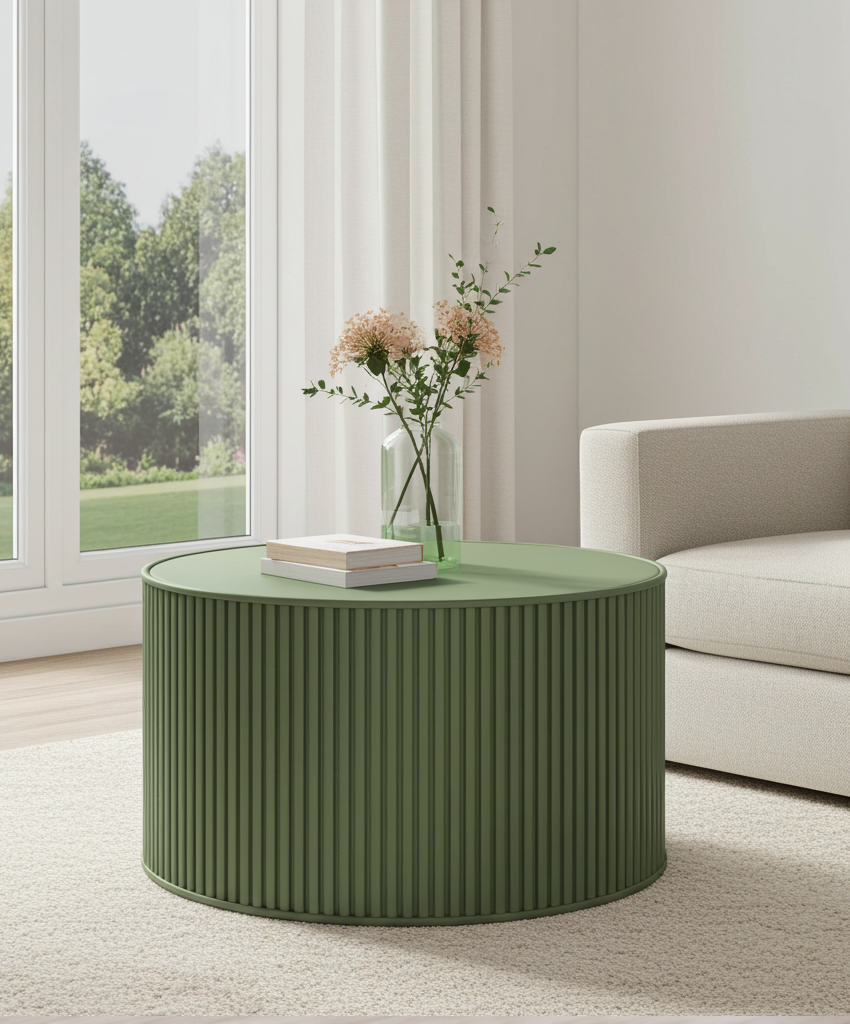 Green round coffee table with books and flowers in a living room setting