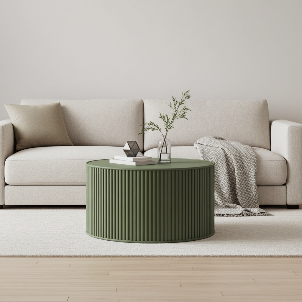 Modern living room with a beige sofa and a green coffee table.