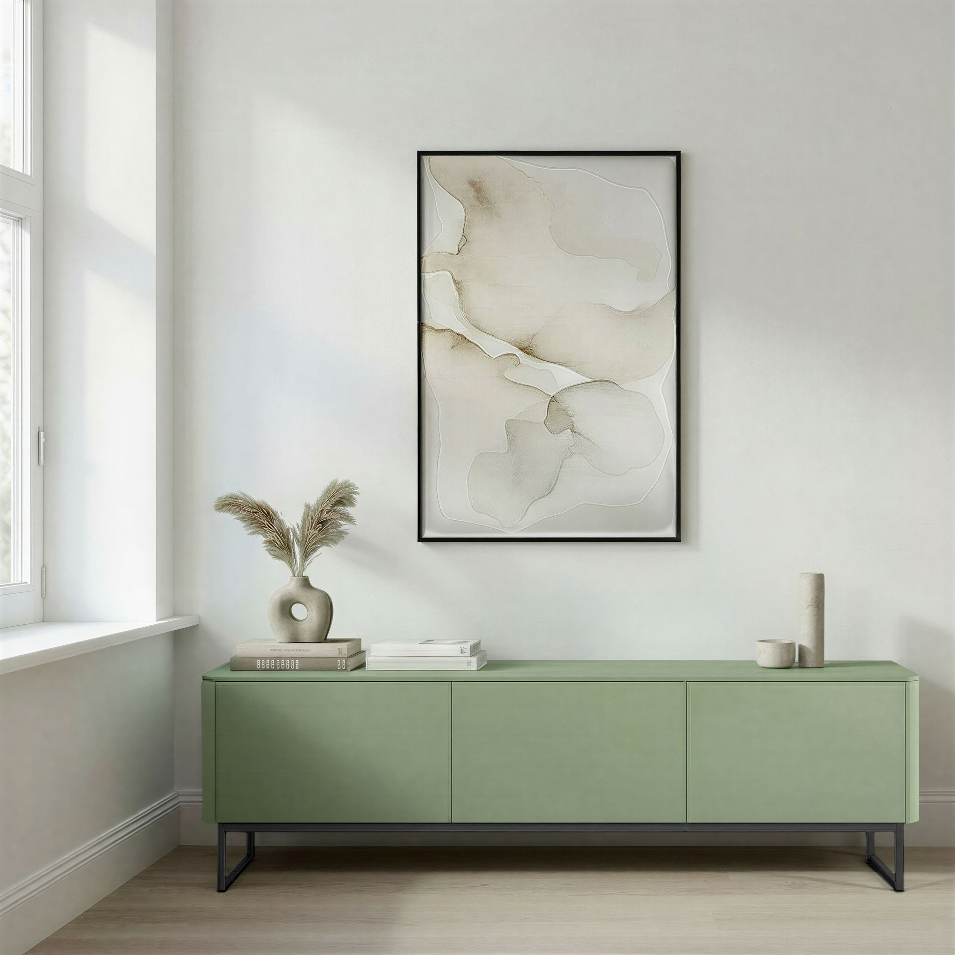 Modern green TV unit in a bright living room corner with minimalist home decor accessories on top of it. 