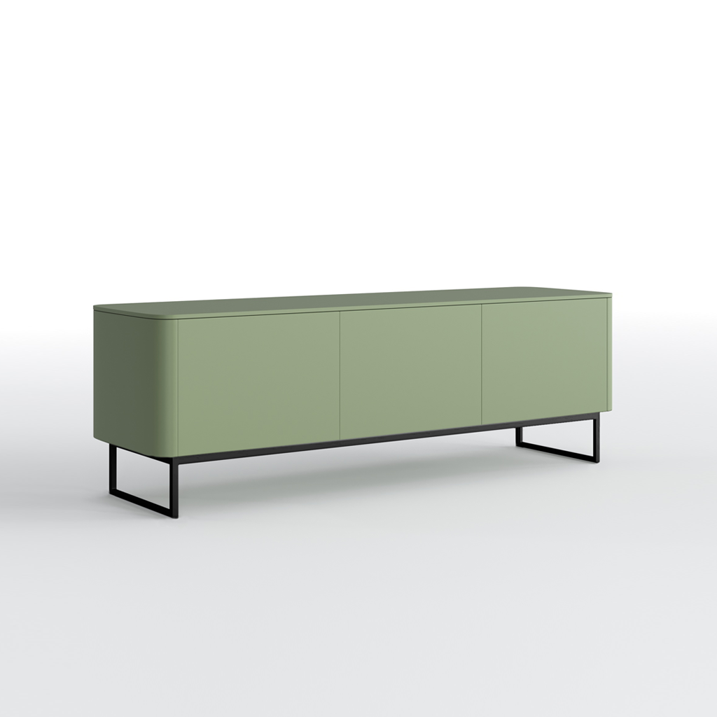 Green tv unit with black legs on a white background