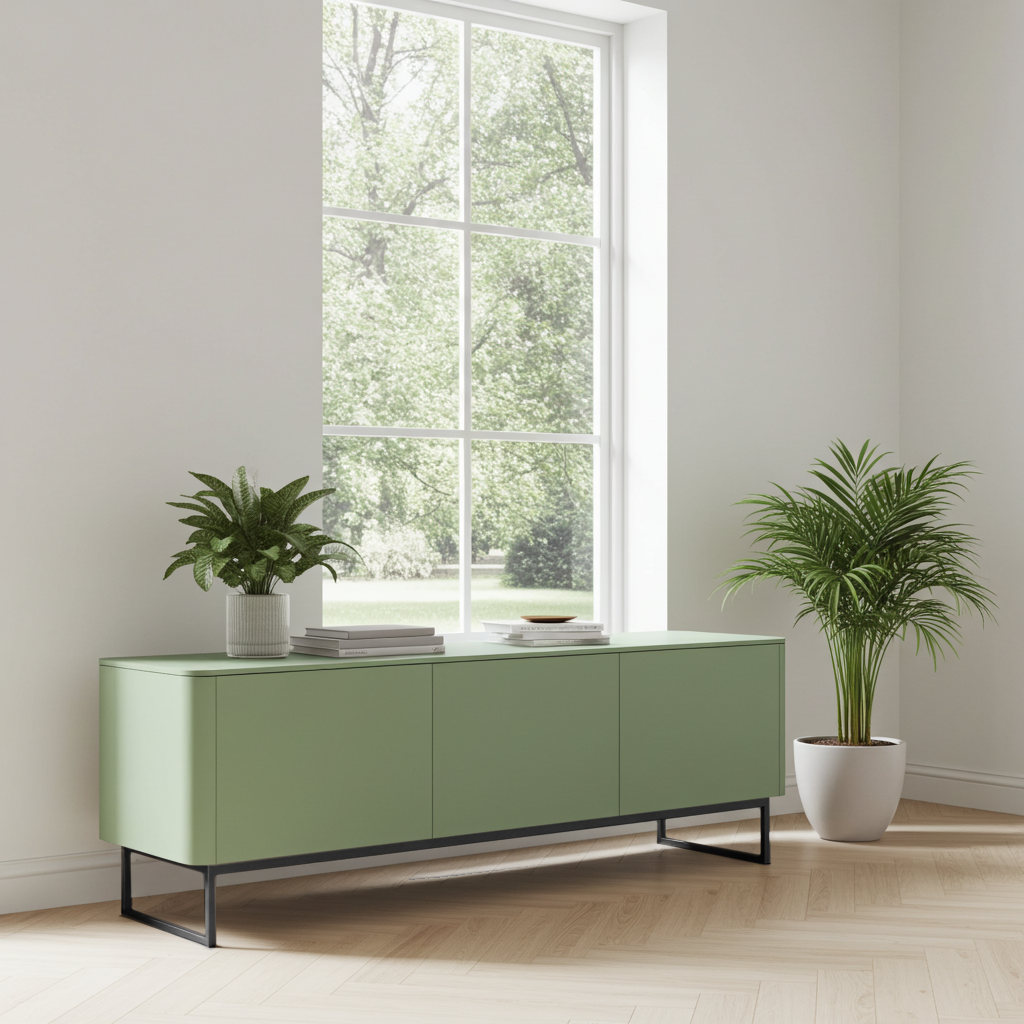 Green tv unit with decorative items and plants in a room with large windows.