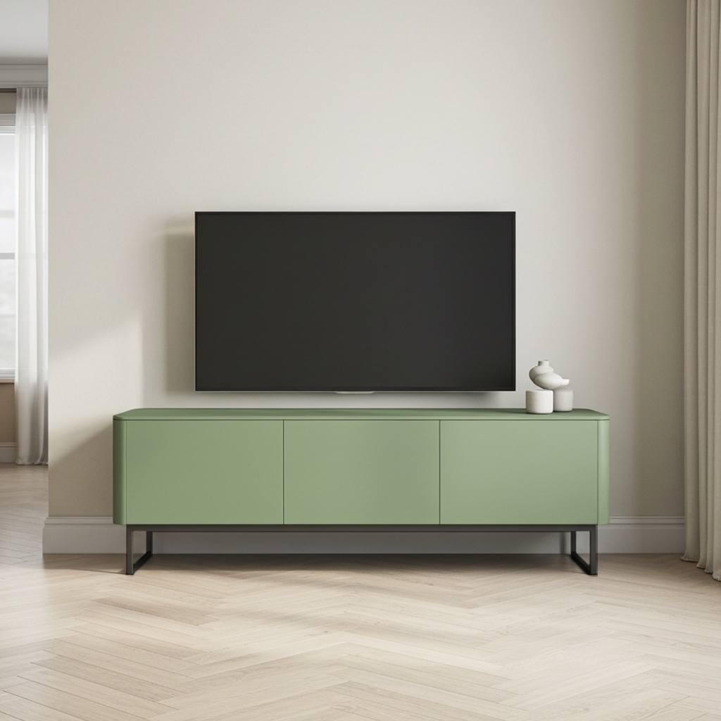 Green TV unit with a black flat-screen TV against a beige wall.