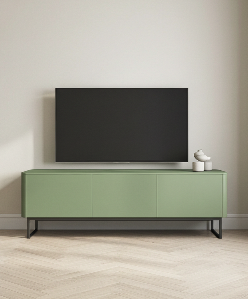 Green TV unit with a black flat-screen TV against a beige wall.