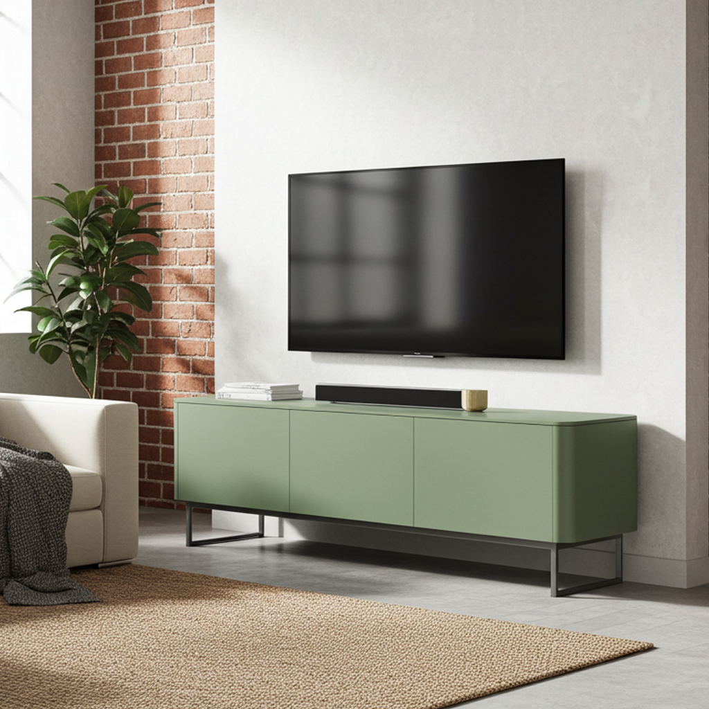 Modern living room with a green TV unit, black TV, and soundbar.