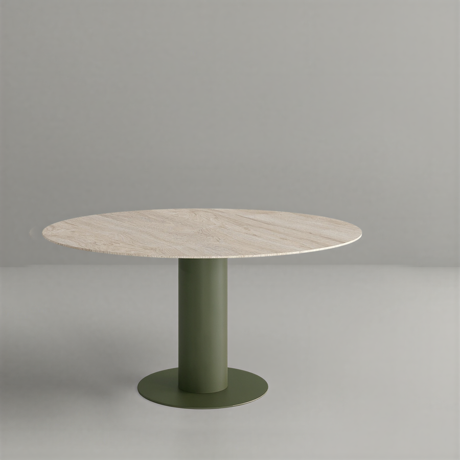 Round table with a light wooden top and green cylindrical base on a grey background