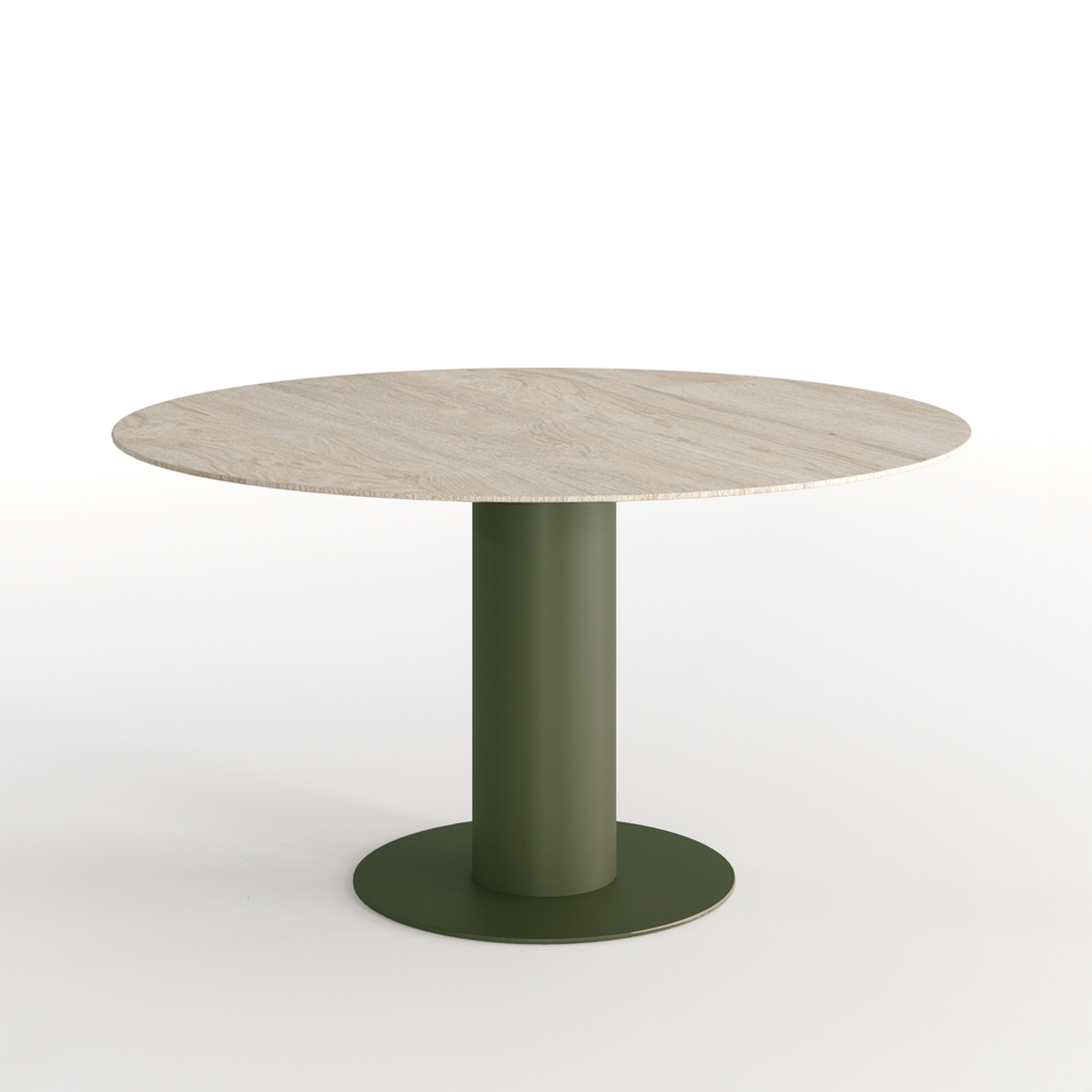 Round table with a light wooden top and green cylindrical base on a white background