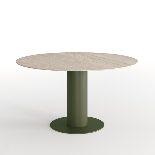 Round table with a light wooden top and green cylindrical base on a white background