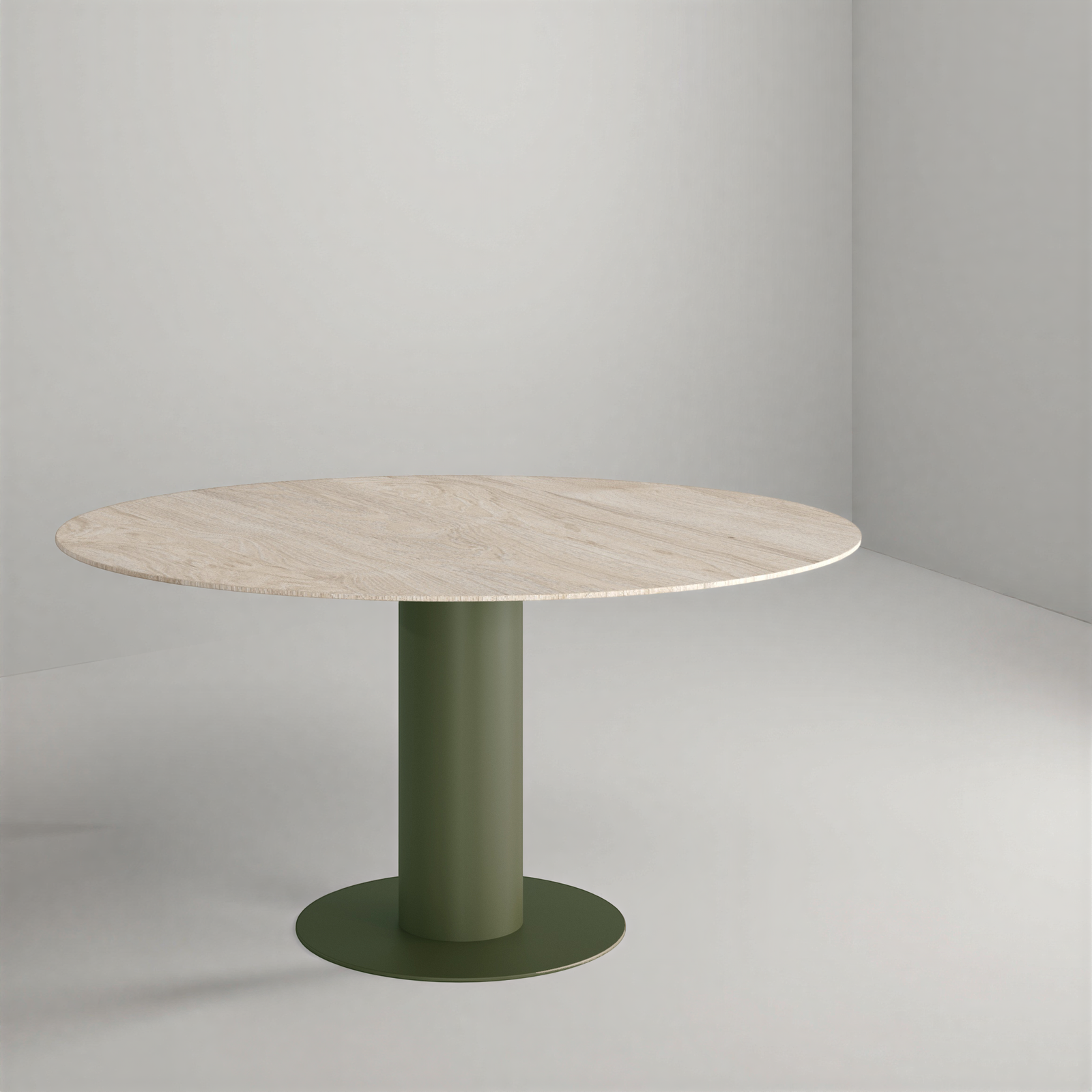 Round table with a light wooden top and green cylindrical base on a gey background