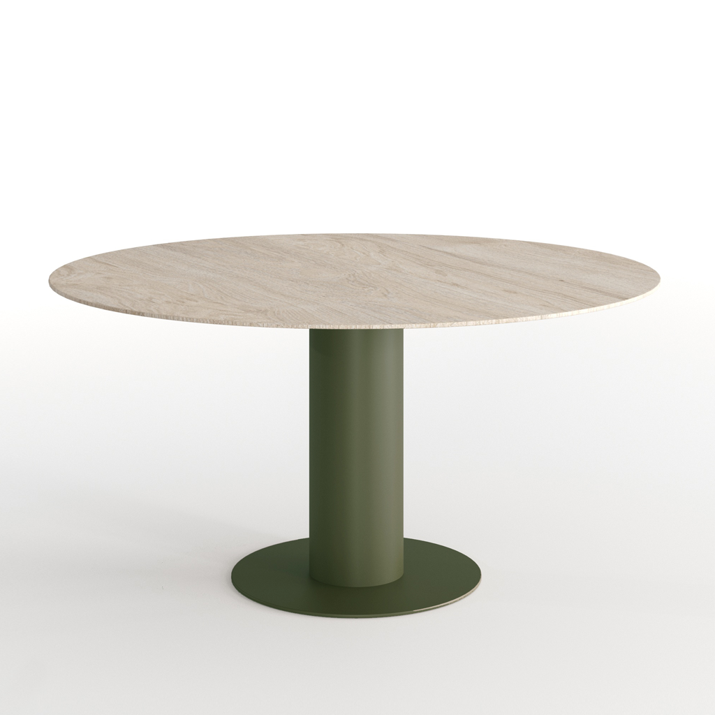 Round table with a light wooden top and green metal base on a white background