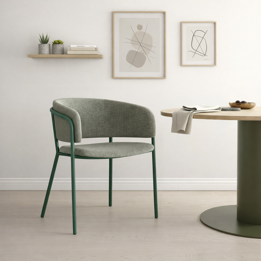 Green chair in a modern interior setting with a table and wall art.