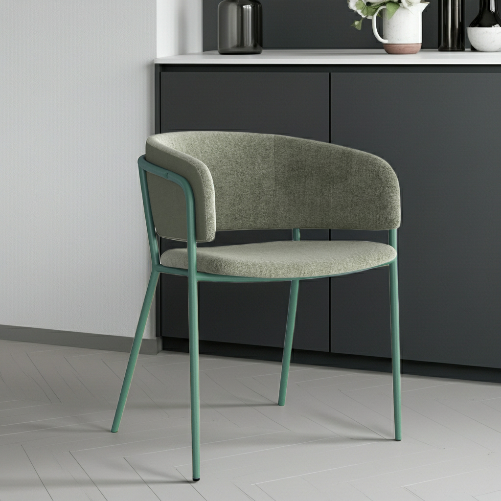 Modern chair with green frame and gray cushion in a kitchen setting